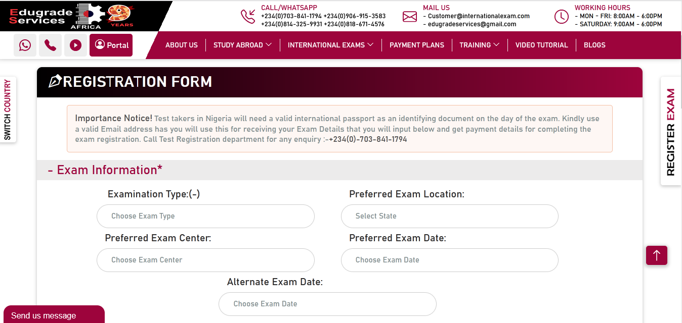 toefl exam registration page